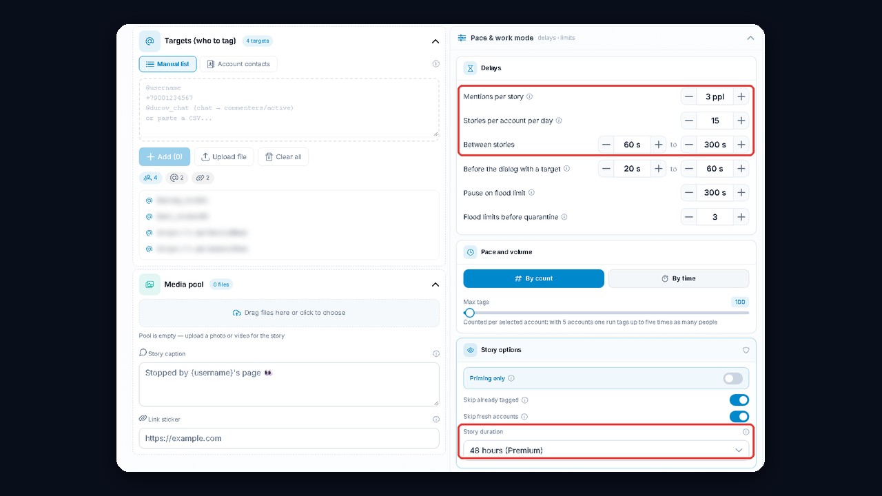 Mass tagging settings in GramGPT: mentions, story limit and 48-hour lifetime