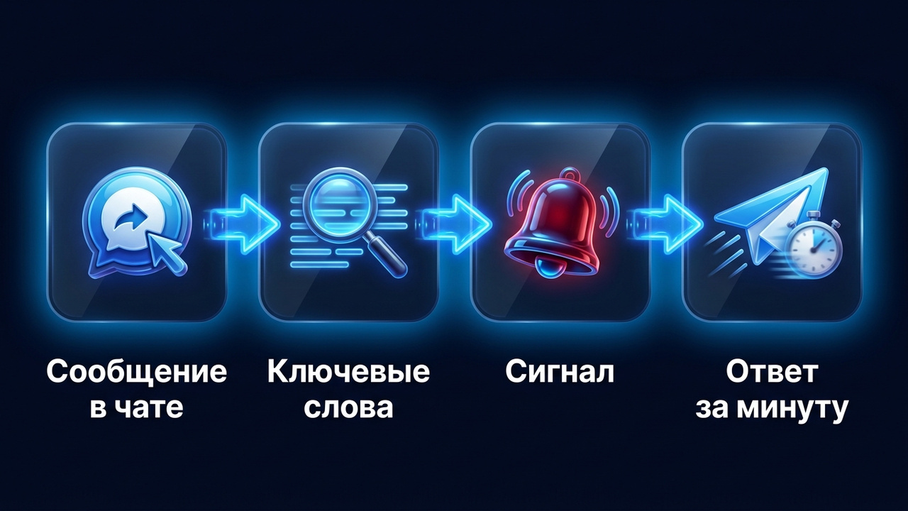 Мониторинг Телеграм: сообщение в чате, ключевые слова, сигнал и ответ за минуту