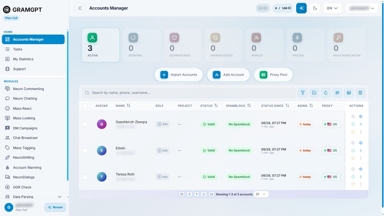 Multiple Telegram accounts in the GramGPT account manager