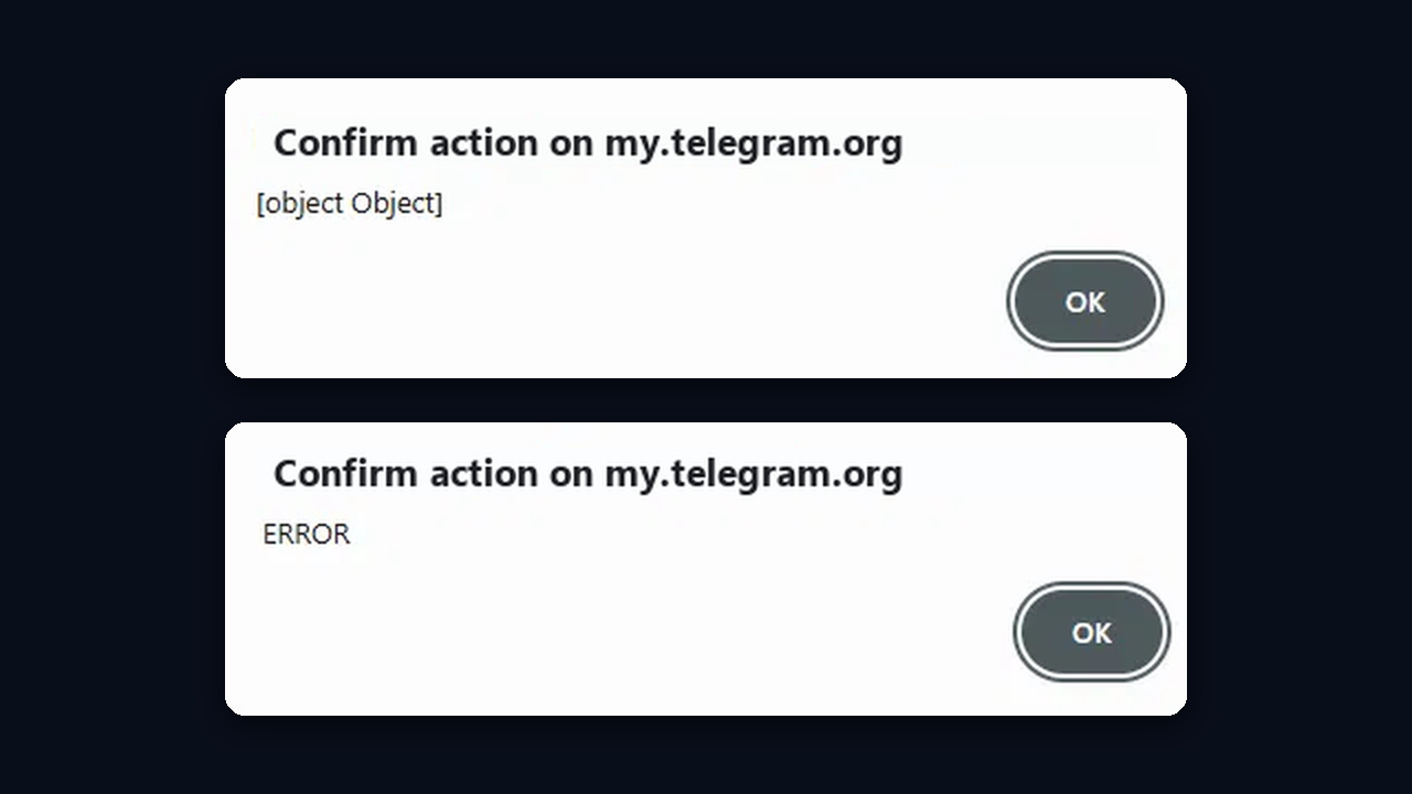 ERROR and [object Object] alerts on my.telegram.org when creating a Telegram API ID