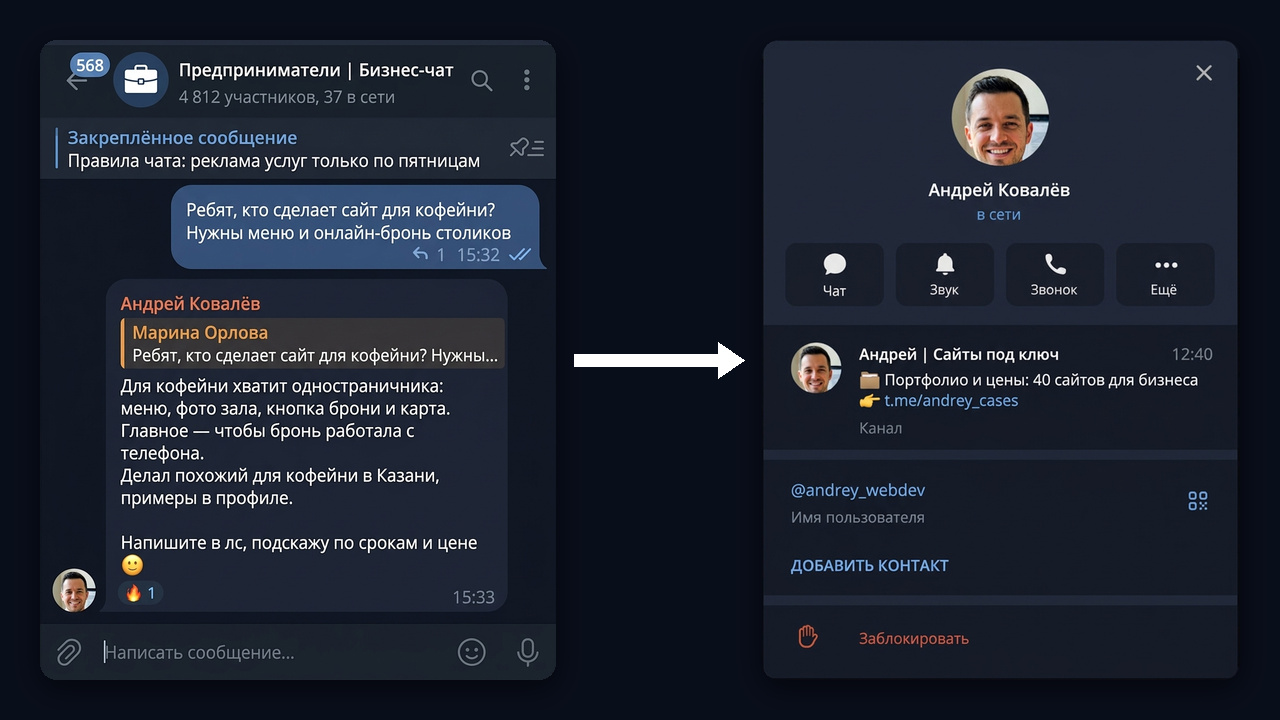 Нейрочаттинг: ответ веб-разработчика в бизнес-чате и профиль с каналом-портфолио