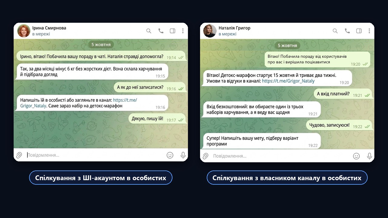 Спілкування з ШІ-акаунтом і власником каналу в особистих: посилання на канал і запис на марафон
