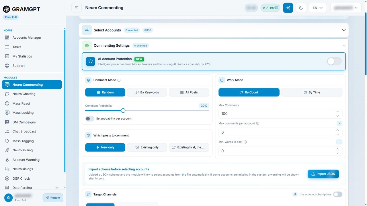 GramGPT Neuro Commenting settings for promoting a Telegram news channel