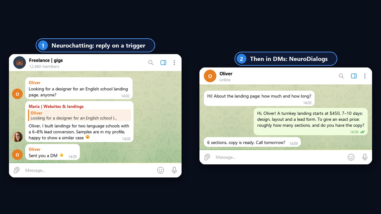 Neurochatting in practice: a reply in a freelance chat and the DM that follows