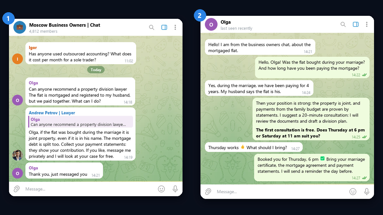 NeuroChatting for a lawyer: a reply in a business chat and a consultation booked in DMs