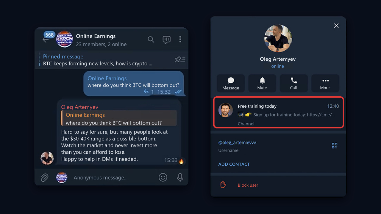 NeuroChatting replies in a crypto group, profile with a pinned channel