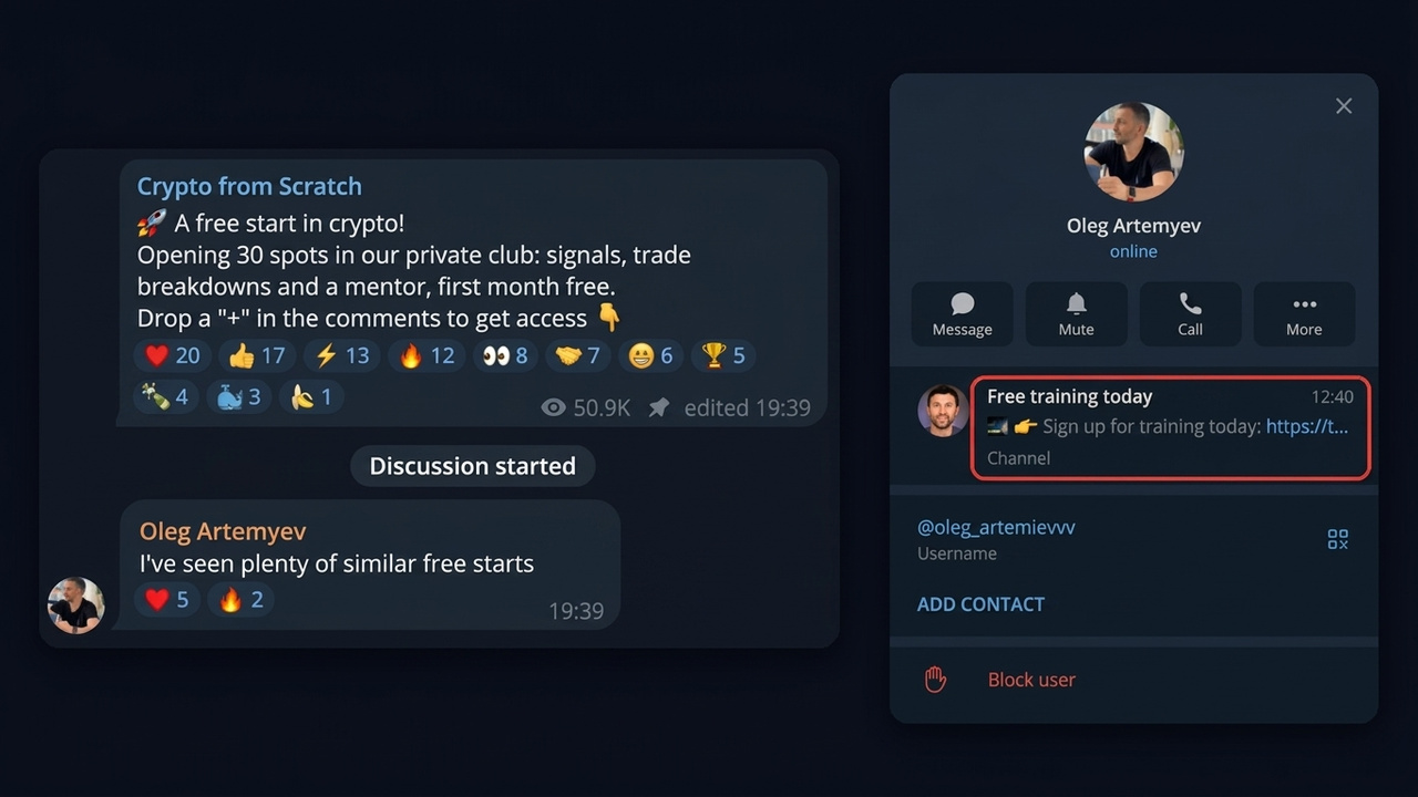 Neurocommenting instead of Telegram ads: a comment under a crypto post and a profile with a bridge channel