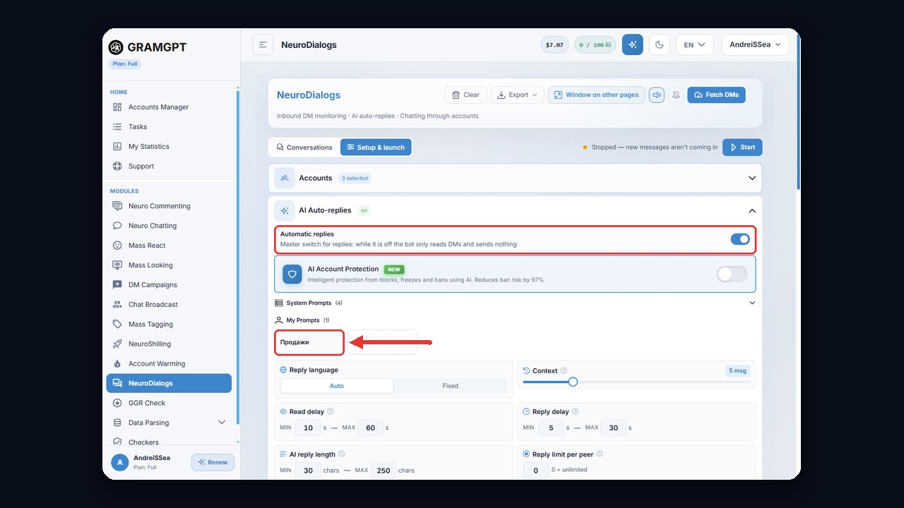 NeuroDialogs setup in GramGPT: automatic replies switch and the Sales prompt