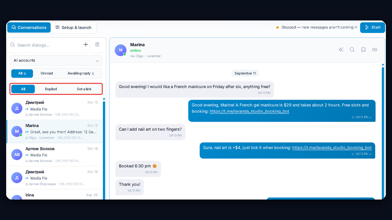 GramGPT NeuroDialogs: AI replies in DMs and sends a link, the Got a link filter