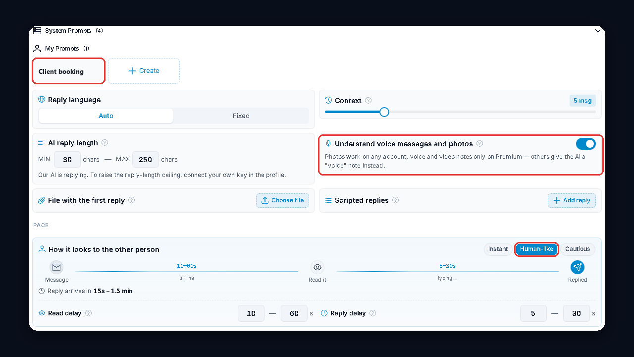 GramGPT NeuroDialogs: AI reply settings for booking clients