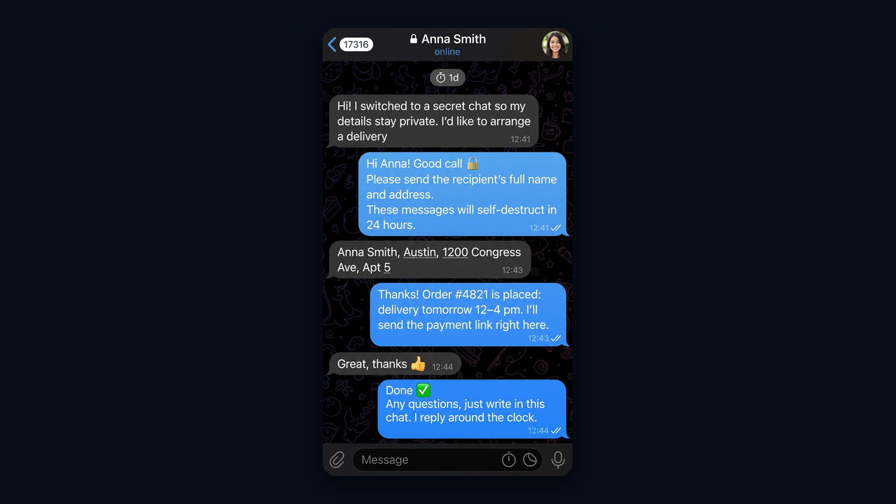 Telegram secret chat for business: NeuroDialogs replies to a customer and places an order