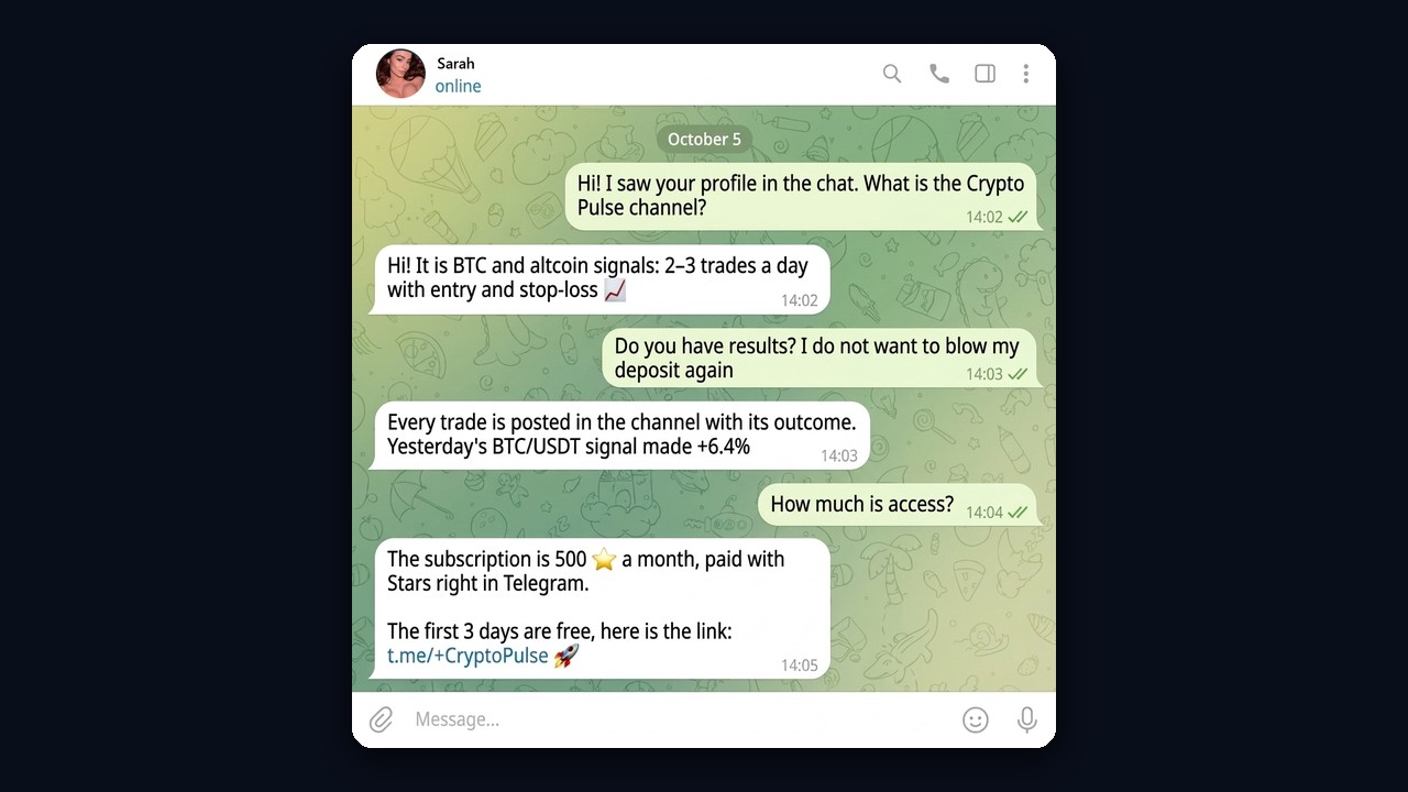 NeuroDialogs: a manager answers questions and sells a channel subscription for Stars