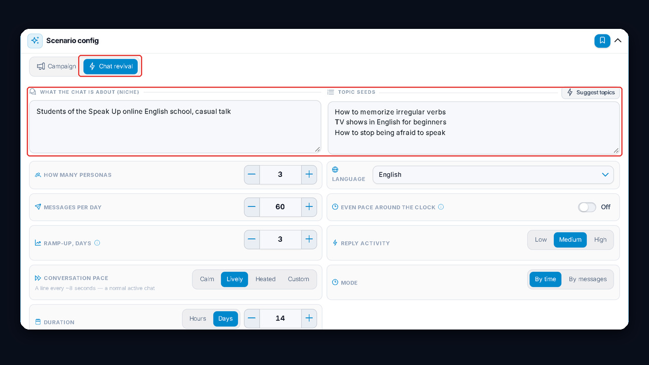 GramGPT NeuroShilling: chat revival settings for a community chat