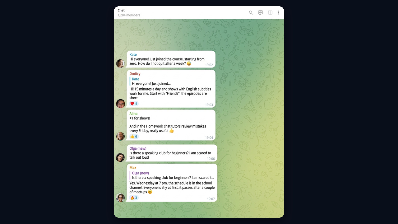 NeuroShilling in a community chat: accounts keep the talk going and answer a newcomer