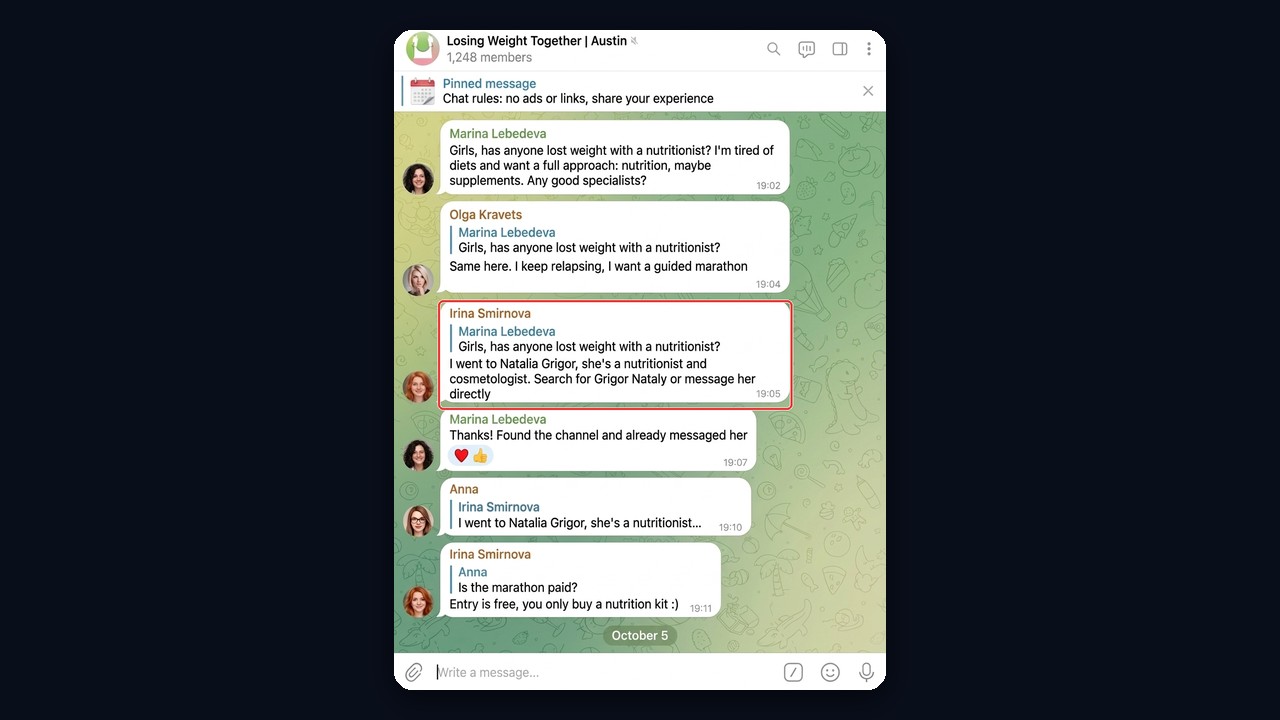 Neuroshilling: a nutritionist recommendation in a weight loss chat
