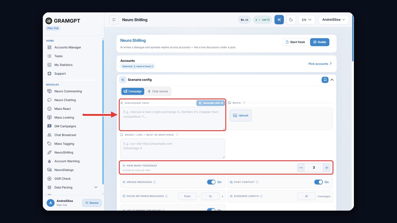 Neuroshilling setup in GramGPT: discussion topic, personas and roles