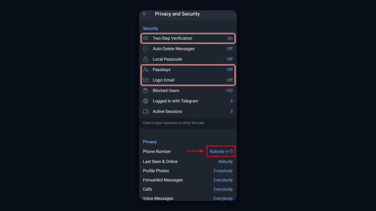 Security settings for a new Telegram account: cloud password and login email