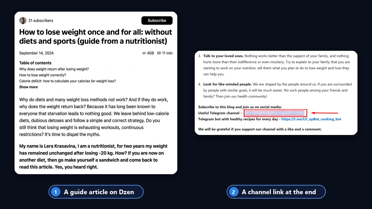 A nutritionist article on a blogging platform with a link to a Telegram channel