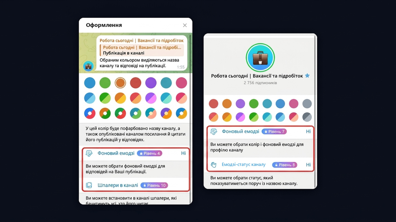 Оформлення каналу в тг через бусти: колір, фон і емодзі-статус