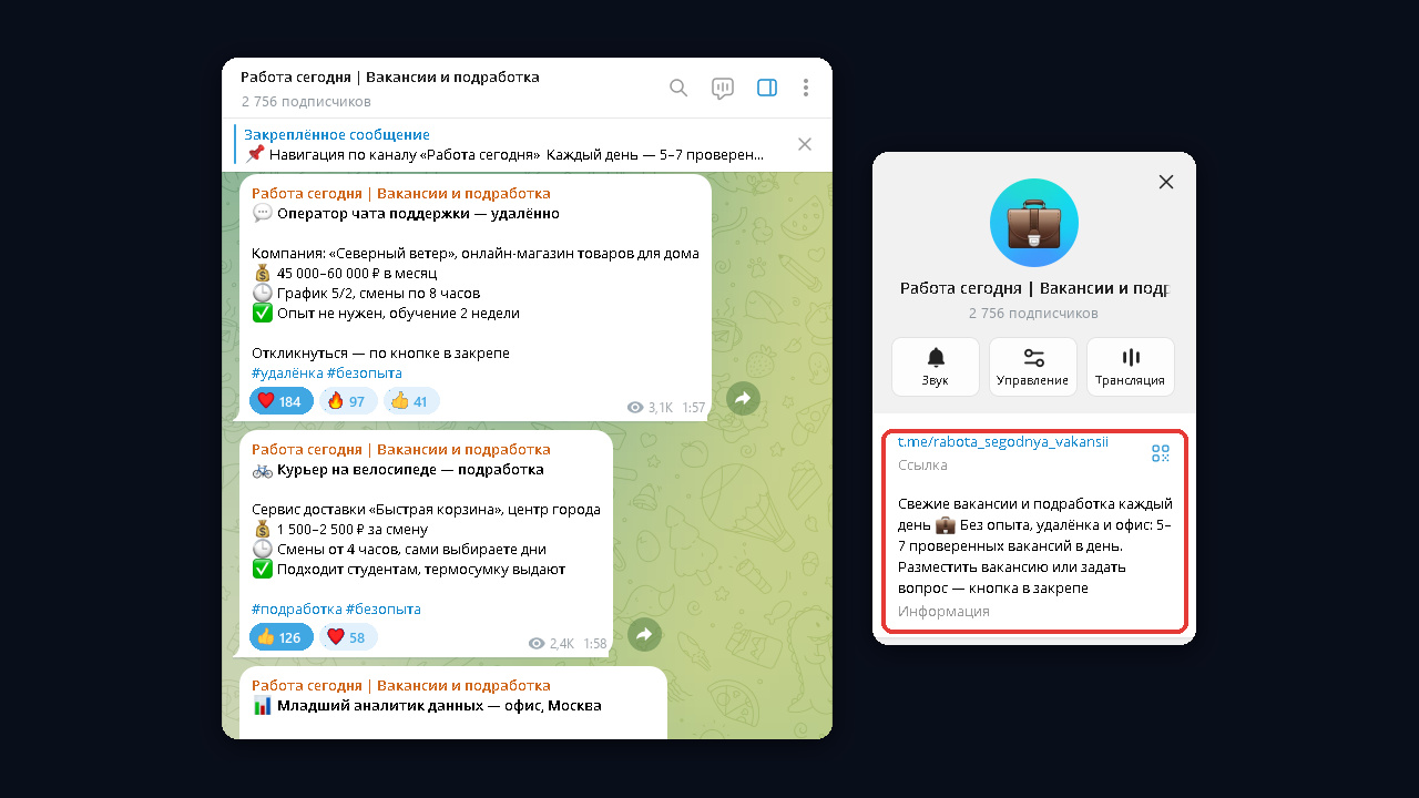 Описание тг канала на примере: название, ссылка и текст в профиле