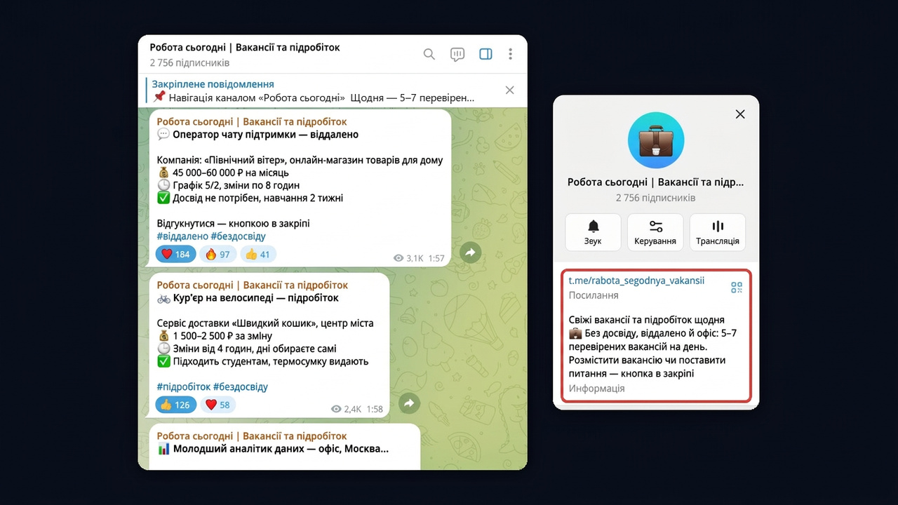 Опис тг каналу на прикладі: назва, посилання й текст у профілі