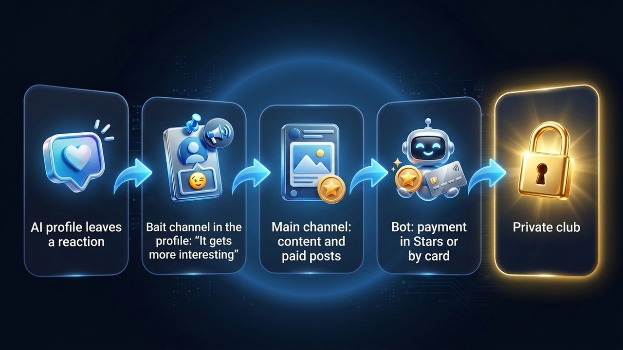 Funnel into a paid 18+ channel: AI profile reaction, bait channel, main channel, bot and private club