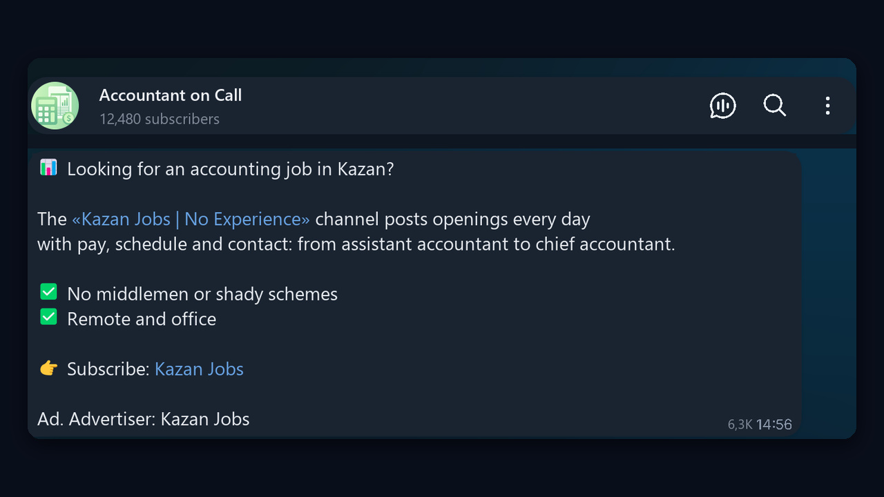 Paid shout-out in a niche channel: promoting a job channel to accountants