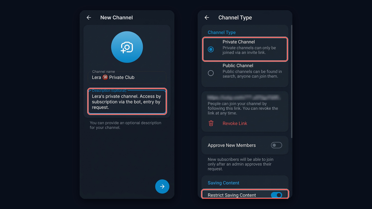 Paid Telegram channel setup: private channel type and restricted saving