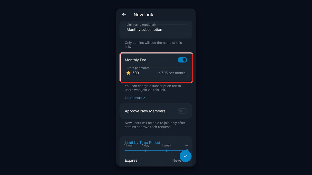 Paid Telegram channel: invite link with a monthly Stars fee