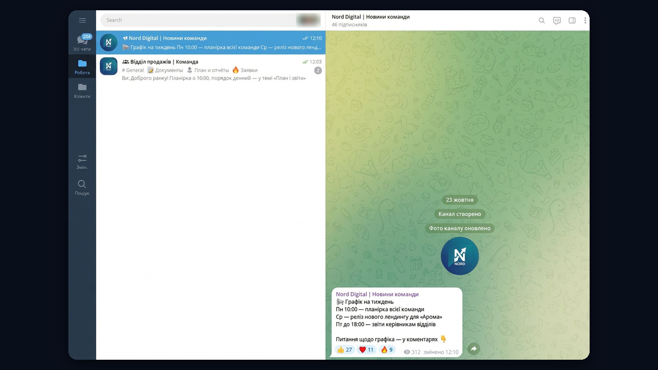 Папки Telegram для роботи: канал новин і група відділу в папці «Робота»