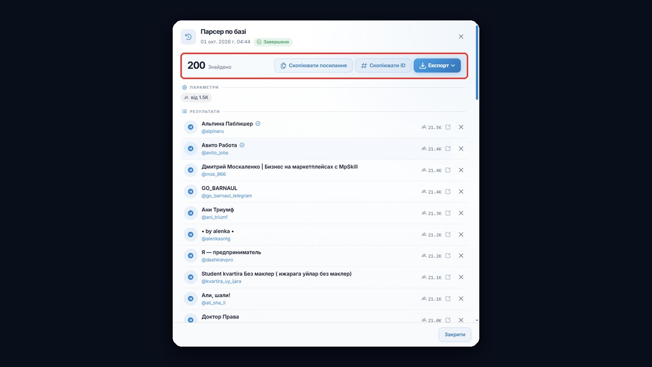 Парсер за базою GramGPT.io: свіжа база каналів у кілька кліків, 200 результатів