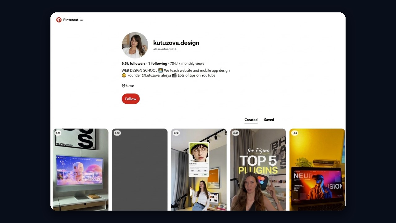 Pinterest to promote yourself as a designer: profile, pins and a Telegram link
