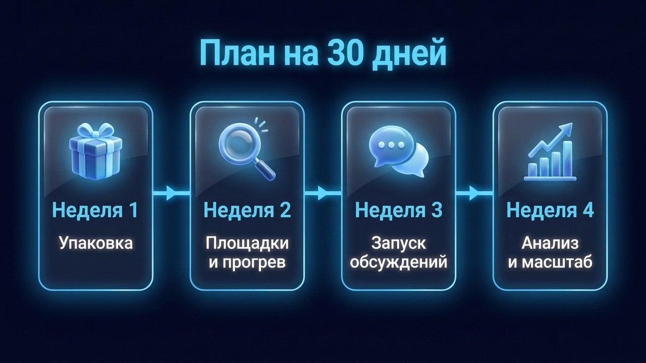 План на 30 дней: как найти клиентов маркетологу — упаковка, площадки, запуск обсуждений, масштаб