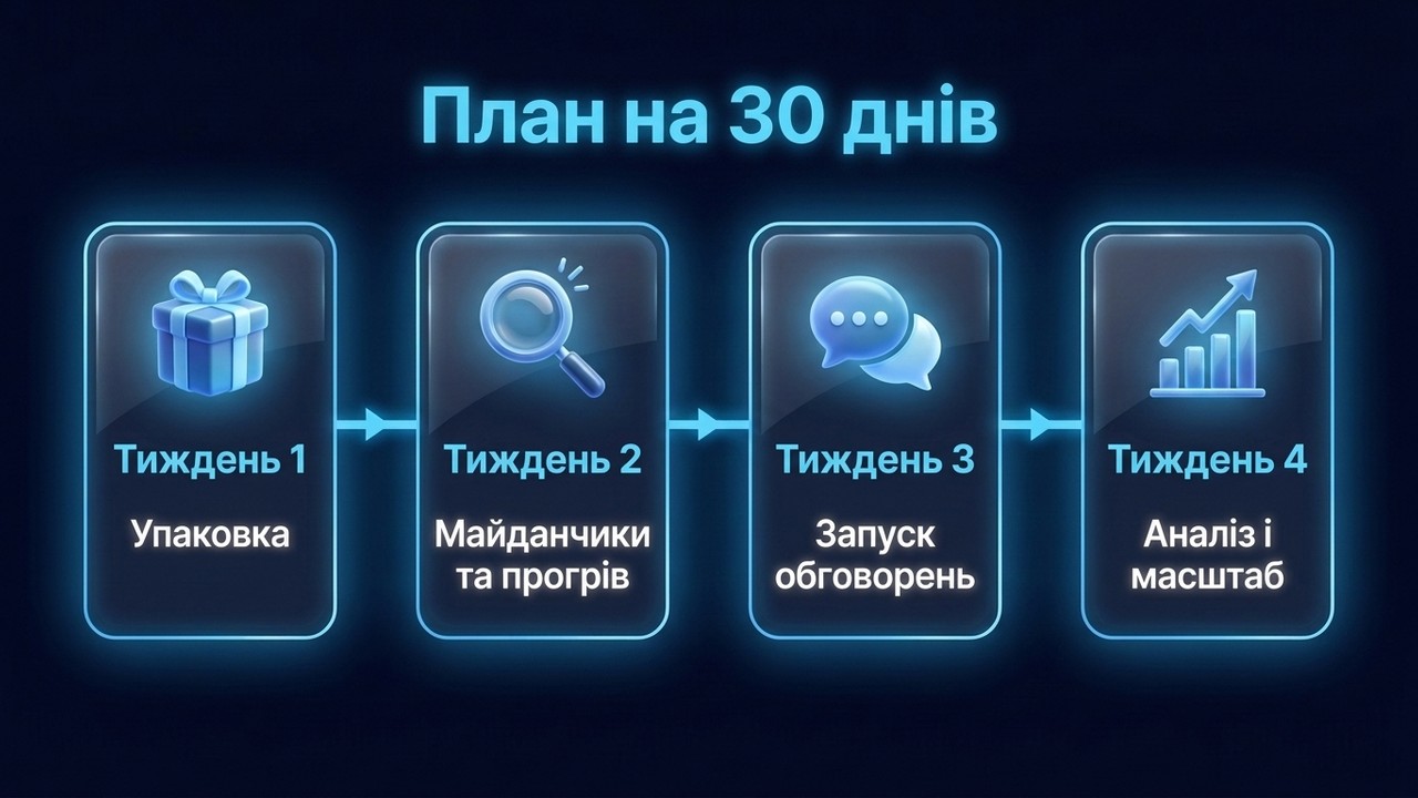 План на 30 днів: як знайти клієнтів маркетологу — упаковка, майданчики, обговорення, масштаб