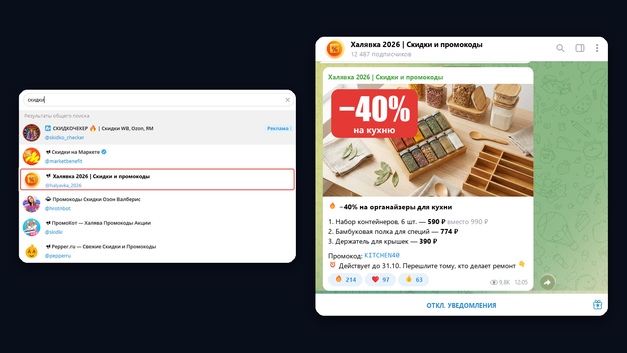 Поиск канала с промокодами в Telegram по слову «скидки»