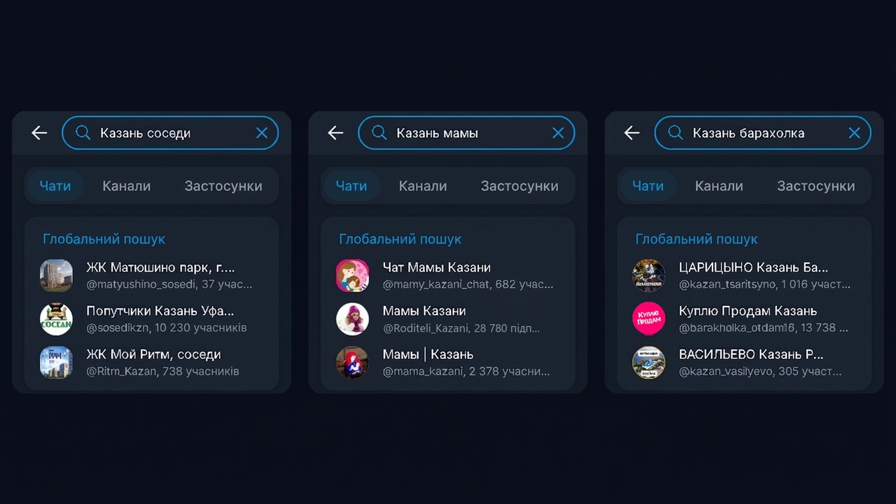 Пошук чатів міста в Telegram: глобальний пошук показує 3 чати на запит