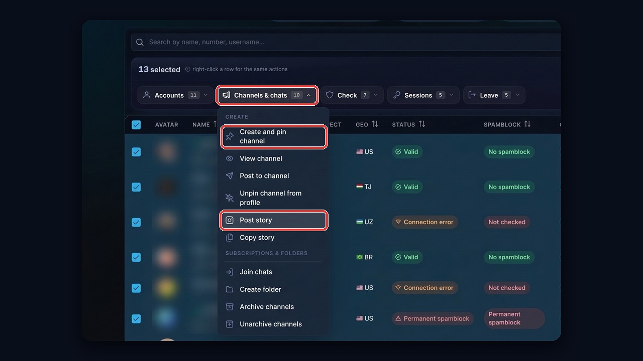 Channels & chats menu in the account manager: pin a channel or post a story