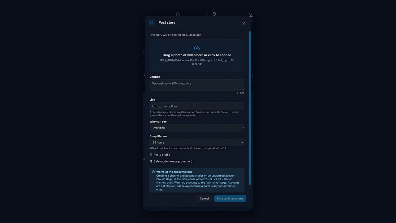Posting a Telegram story on 13 accounts at once: caption, link, lifetime