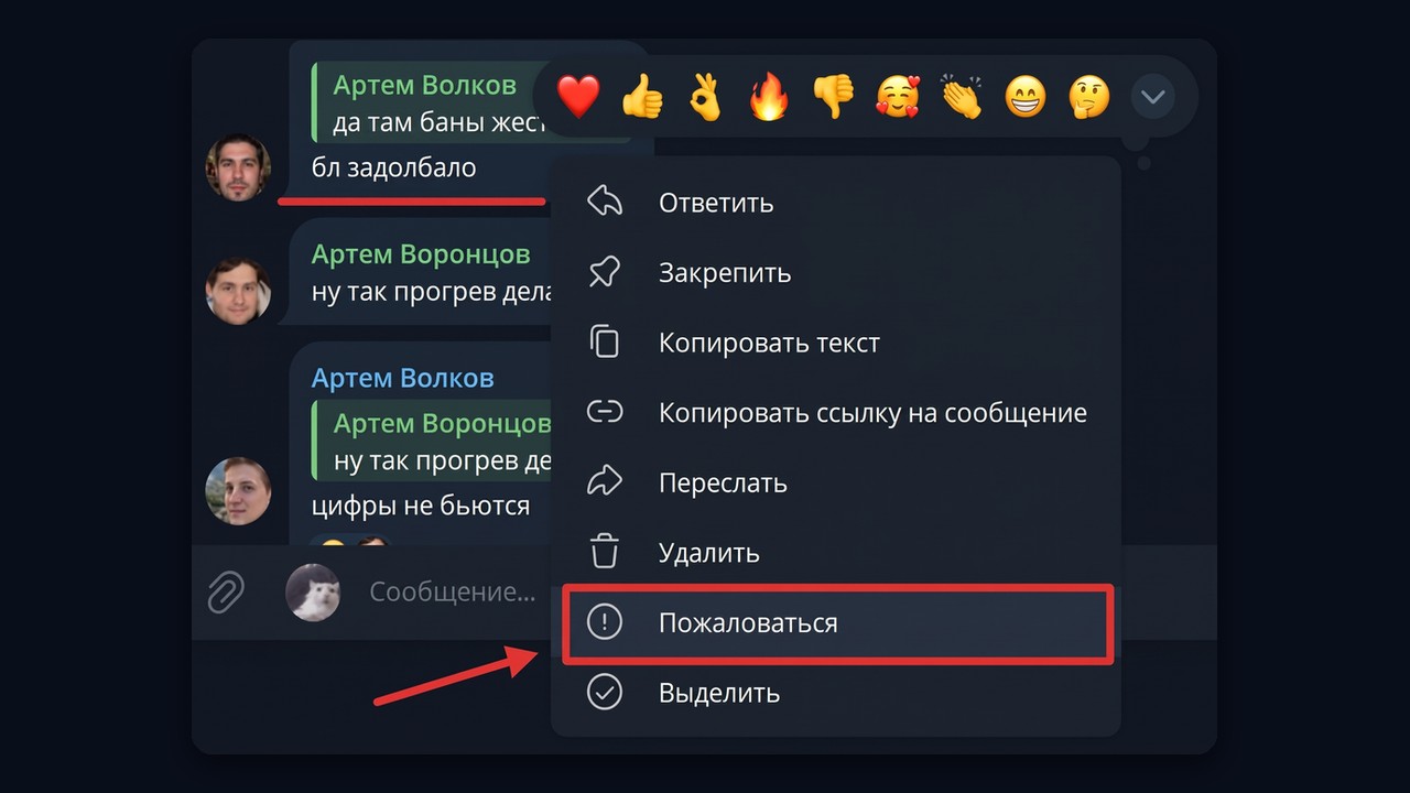 Как пожаловаться в Telegram: пункт «Пожаловаться» в меню сообщения