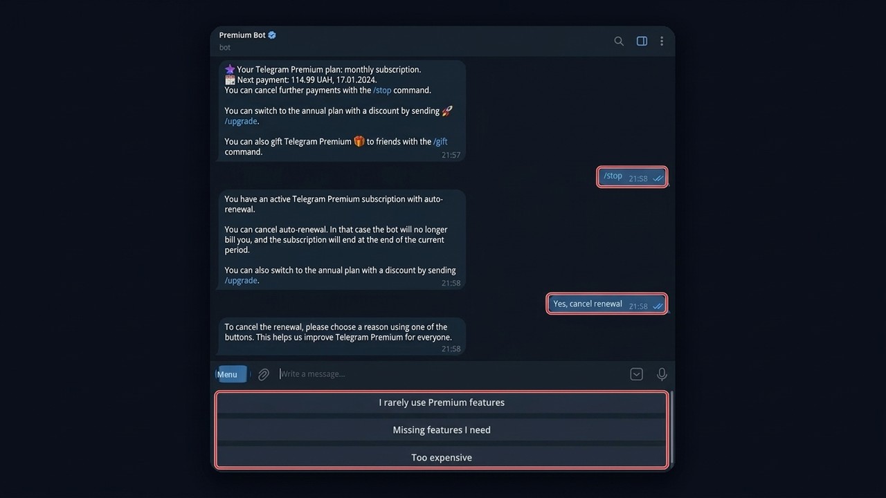 Cancel Telegram Premium in @PremiumBot: the /stop command