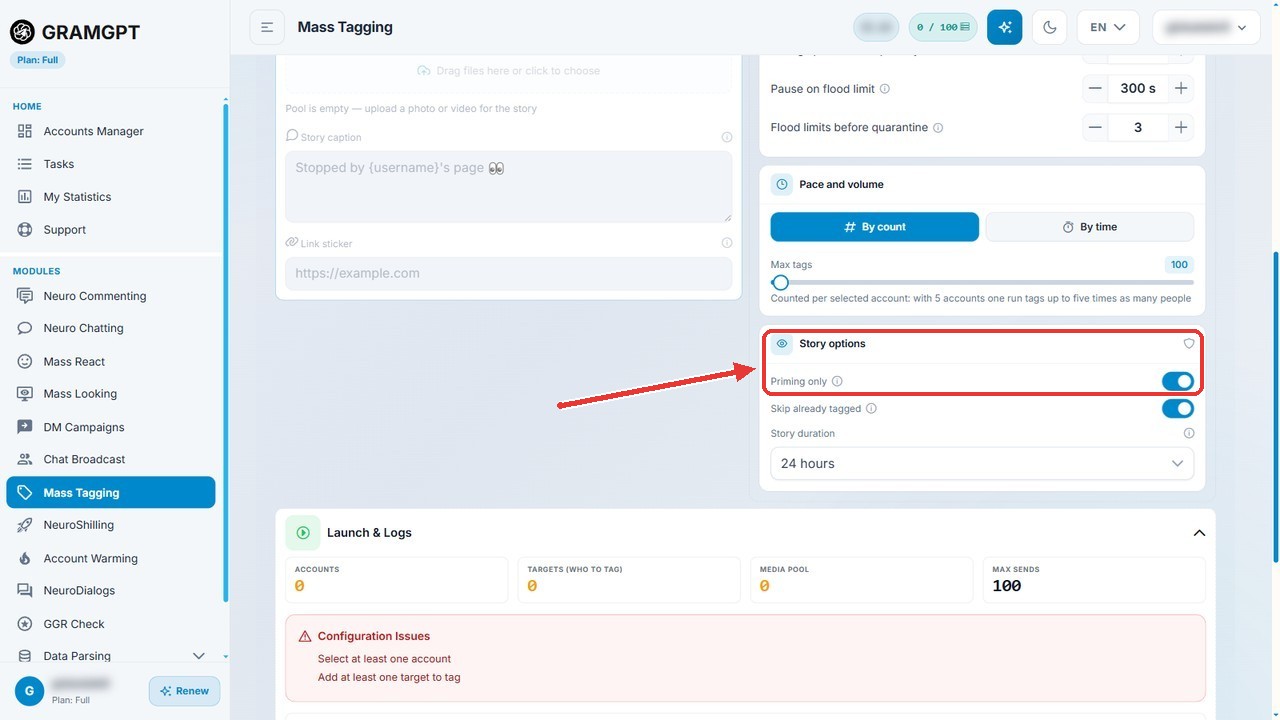 Priming only mode in the GramGPT Story Mentions module