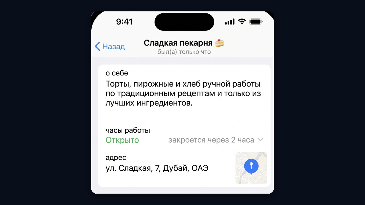 Профиль Telegram Business: о себе, часы работы и адрес