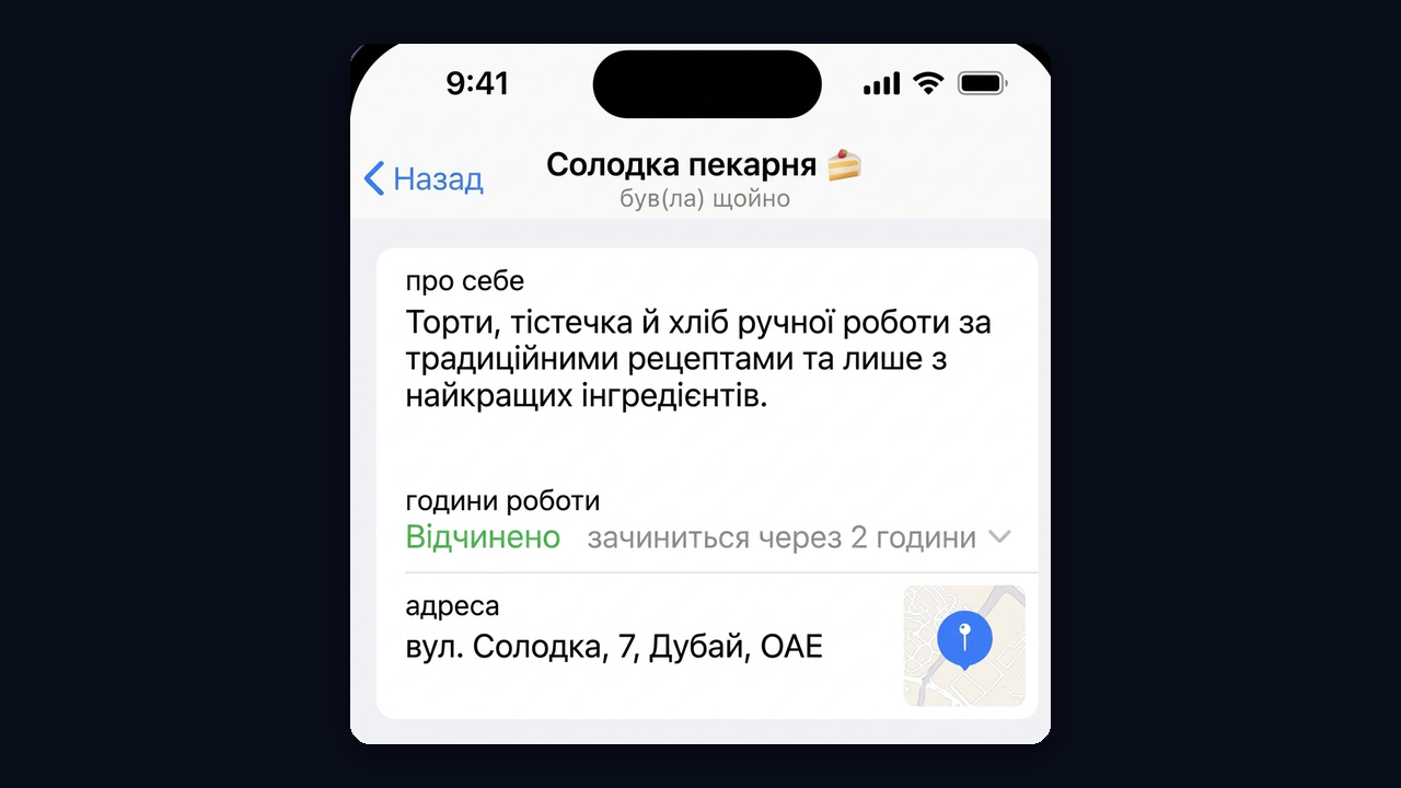 Профіль Telegram Business: про себе, години роботи та адреса