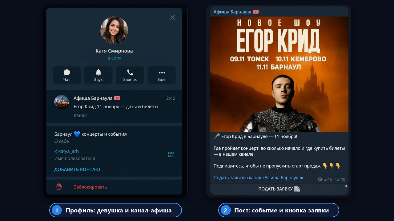 Профиль для продвижения новостного канала: событие в закрепе и кнопка заявки