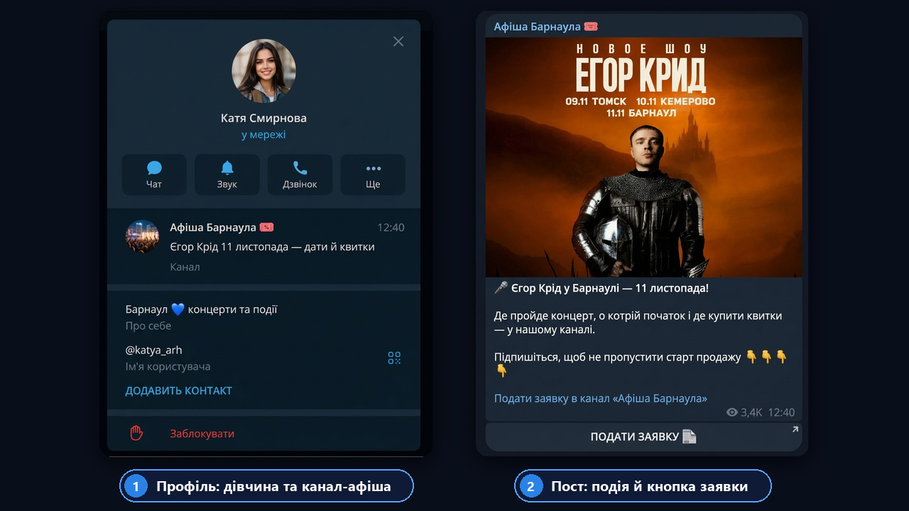 Профіль для просування новинного каналу: подія в закріпі та кнопка заявки