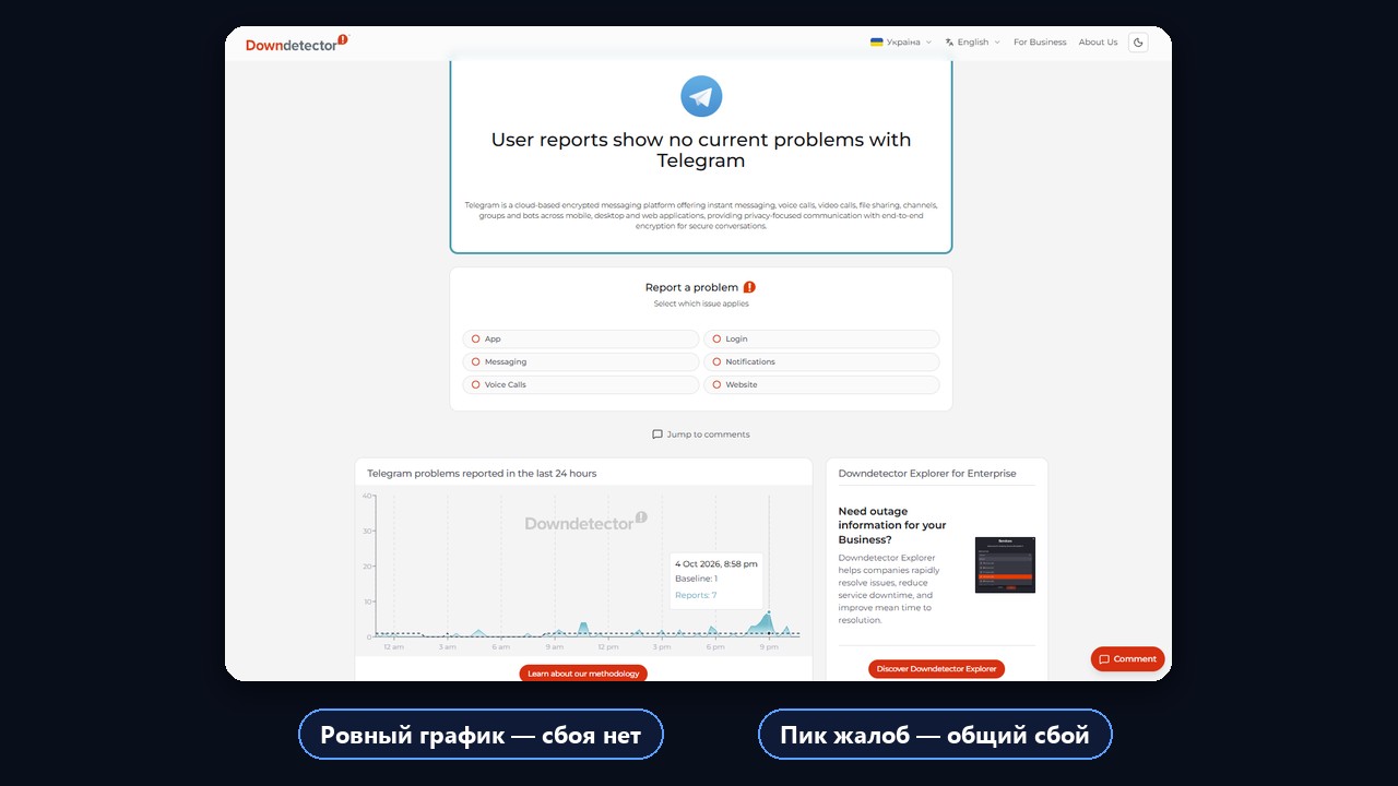 Как проверить, не работает телеграм у всех или только у вас: график жалоб Downdetector