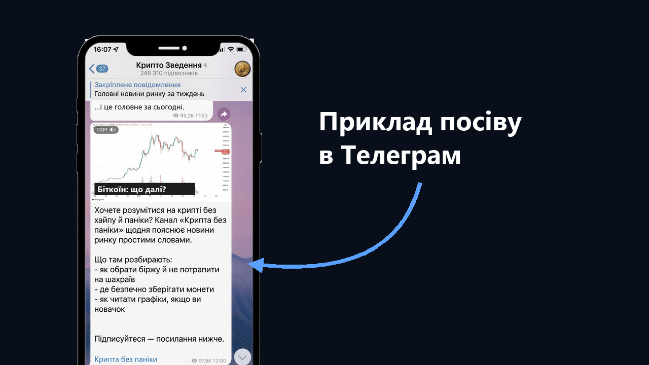Приклад посіву в Телеграм: реклама крипто-каналу в іншому каналі