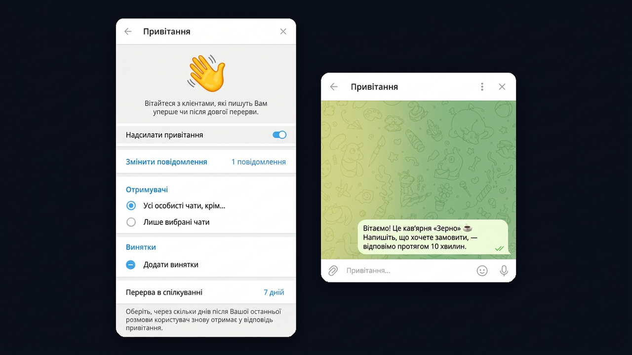 Привітання та повідомлення «Не на місці» в Telegram Business