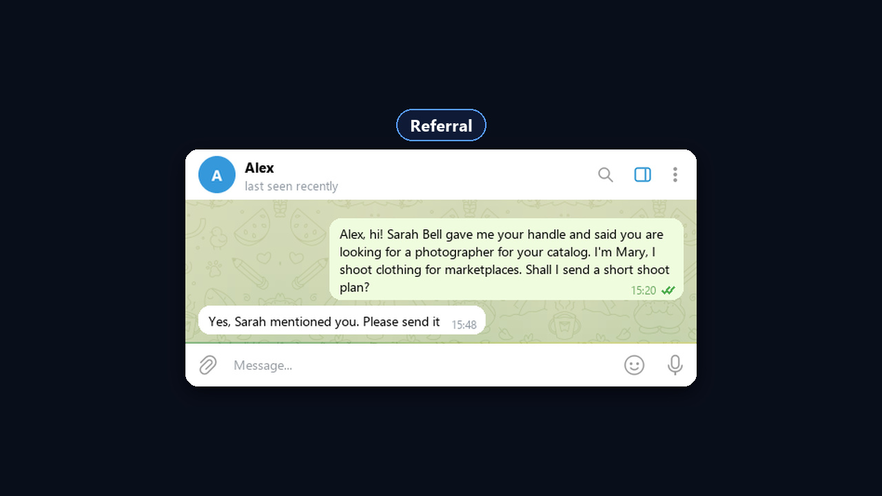 A referral cold message and the reply