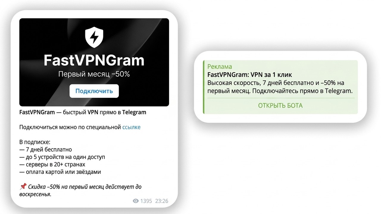 Реклама VPN в Телеграм: посев в тематическом канале и объявление Telegram Ads